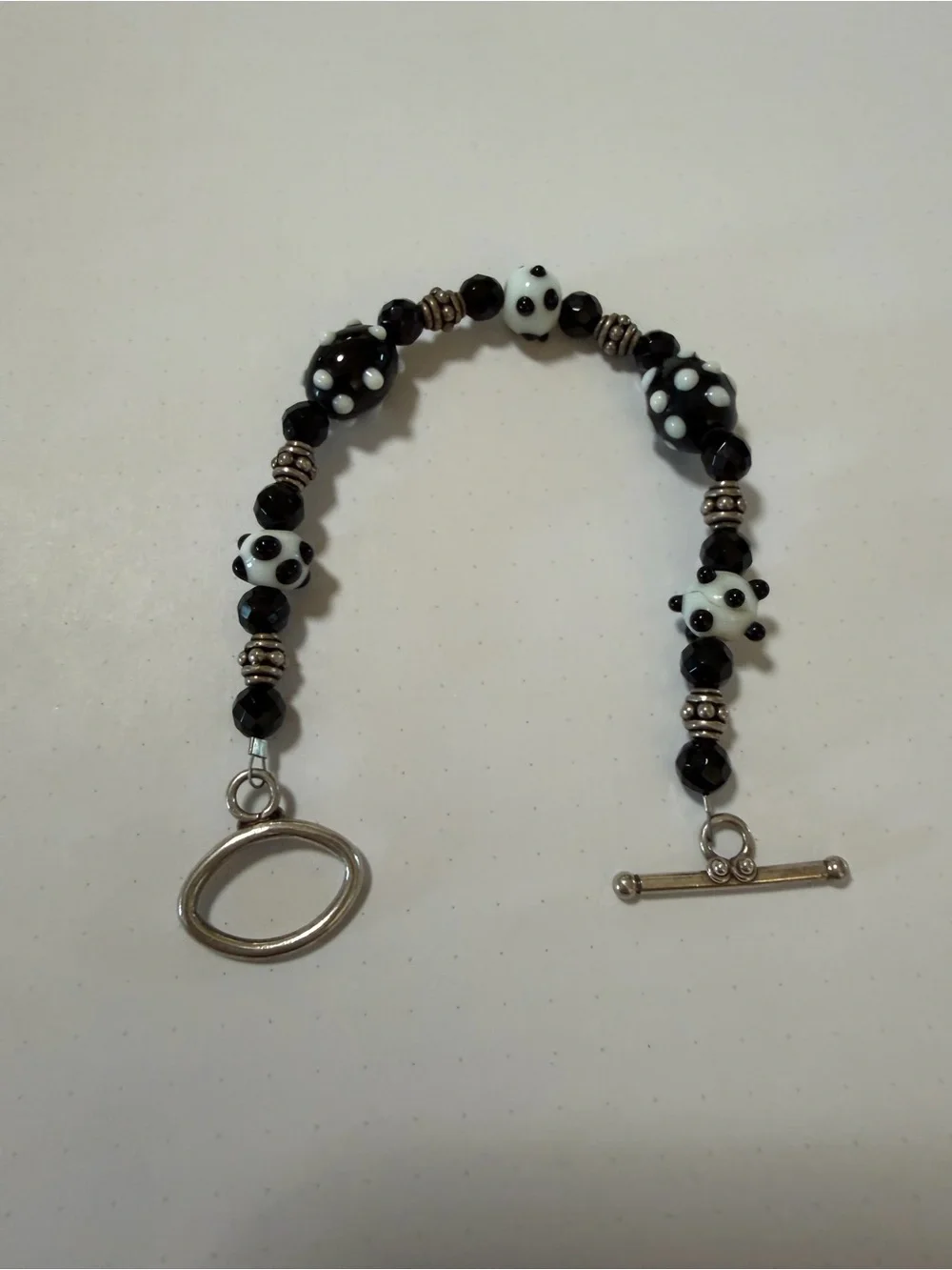 Handmade Black & White Polka Dot Glass Beaded Bracelet